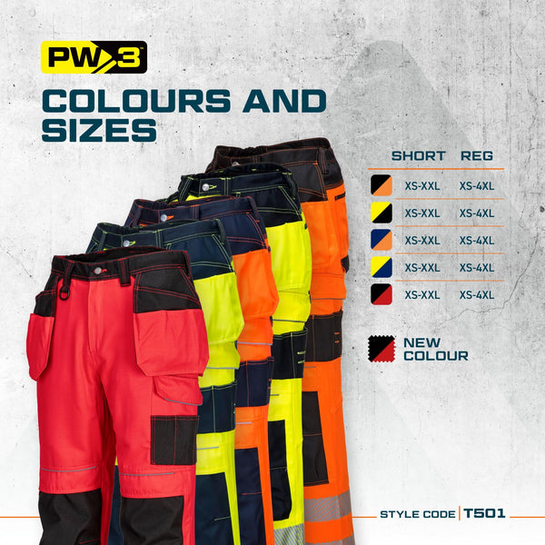 Portwest T501 Mens PW3 Hi Vis Work Trousers - Holster Pocket Workwear Safety Construction Trousers Orange/Black, 34
