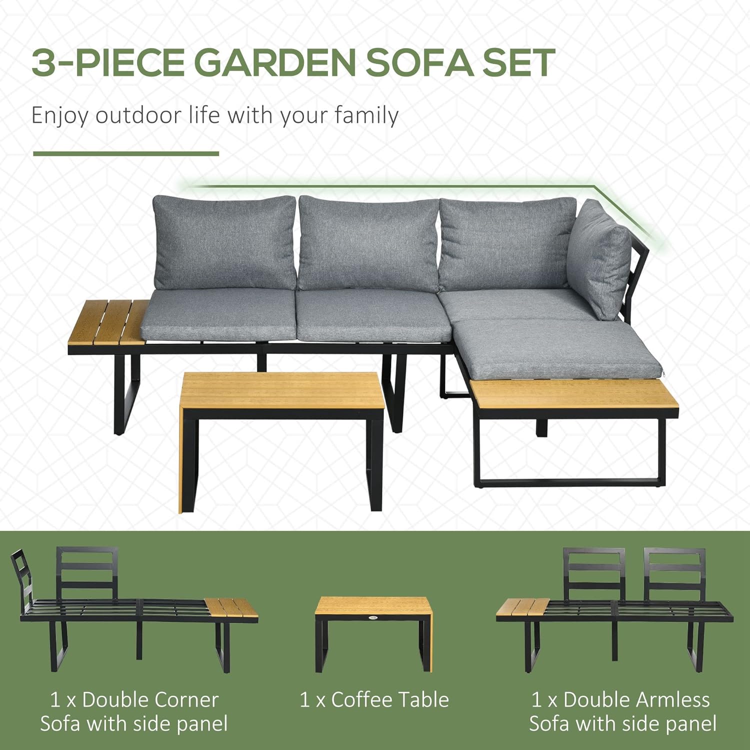 Outsunny 3 Pieces Patio Furniture Set, Outdoor Garden Sofa Conversation Set w/Padded Cushions, Wood Grain Plastic Top Table and Side Panel, Dark Grey