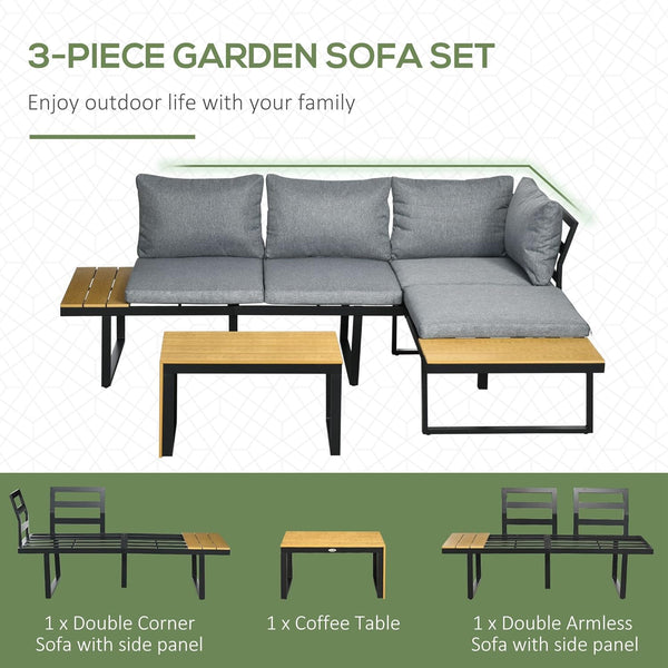 Outsunny 3 Pieces Patio Furniture Set, Outdoor Garden Sofa Conversation Set w/Padded Cushions, Wood Grain Plastic Top Table and Side Panel, Dark Grey
