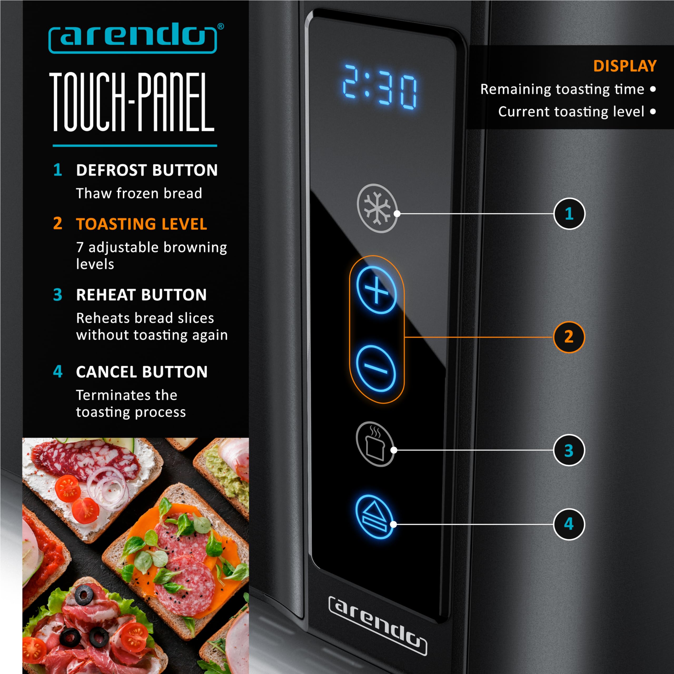 Arendo - 4 Slice Long Slot Toaster - Touch Panel - Remaining Time Display - Double Wall Housing  with Warming Rack  7 Browning Settings  Auto Bread