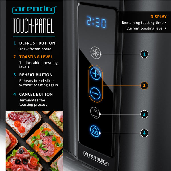 Arendo - 4 Slice Long Slot Toaster - Touch Panel - Remaining Time Display - Double Wall Housing  with Warming Rack  7 Browning Settings  Auto Bread