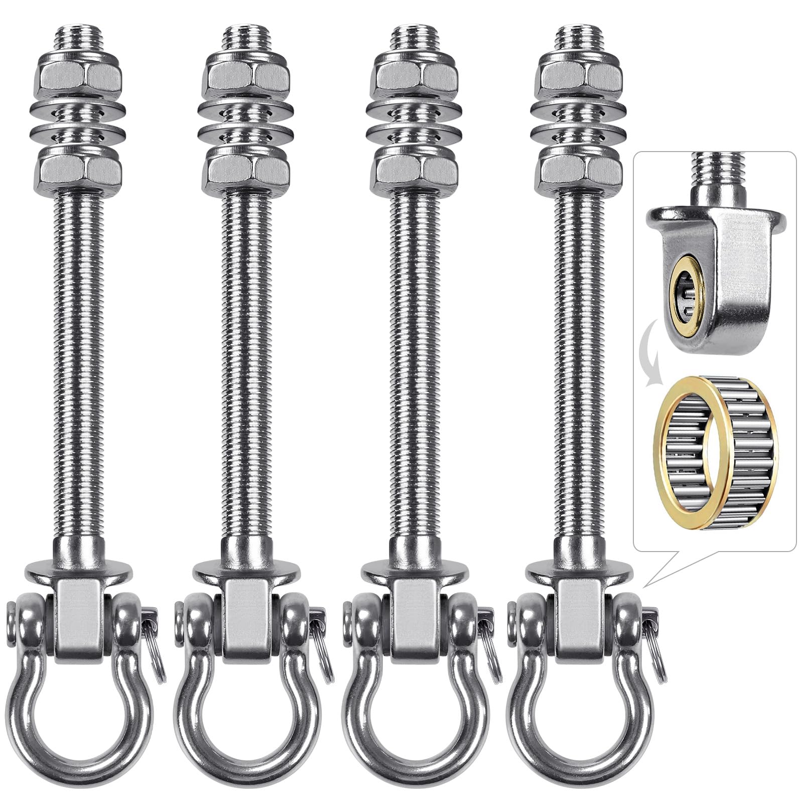 BeneLabel 4pcs Swing Hanger Bearing, Heavy Duty Hammock Hook M10 Hanging Chair Screw Eye Bolt 225mm Swivel Ceiling/Beam Mounting Bracket Kit for Yoga