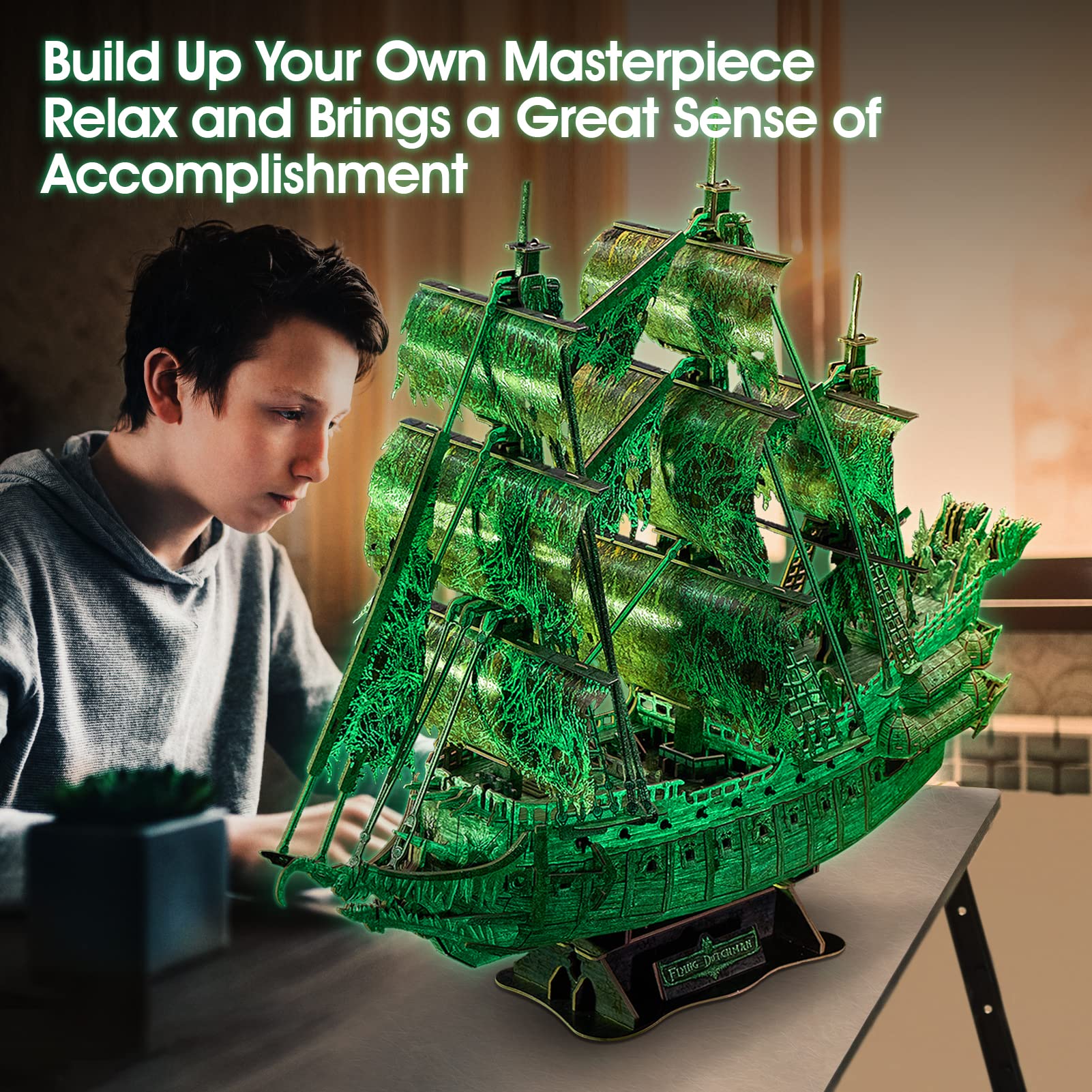 CubicFun LED Pirates of the Caribbean Flying Dutchman Model Kits for Adults to Build 3D Jigsaw Puzzles Ship Model Building Gifts for Adults Kids Girls Boys - 360 Pieces