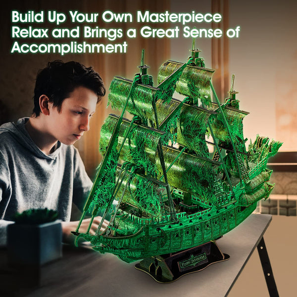 CubicFun LED Pirates of the Caribbean Flying Dutchman Model Kits for Adults to Build 3D Jigsaw Puzzles Ship Model Building Gifts for Adults Kids Girls Boys - 360 Pieces