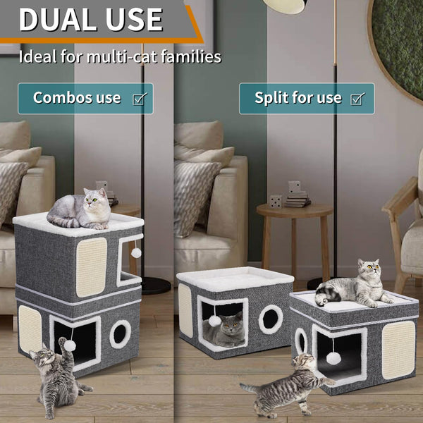 3-Storey Cat House for Indoor Cat, Separate Into 2 Large Cat Bed Cave with Hideaway Condos, Scratch Pads, Hanging Balls, Foldable Indoor Cat House