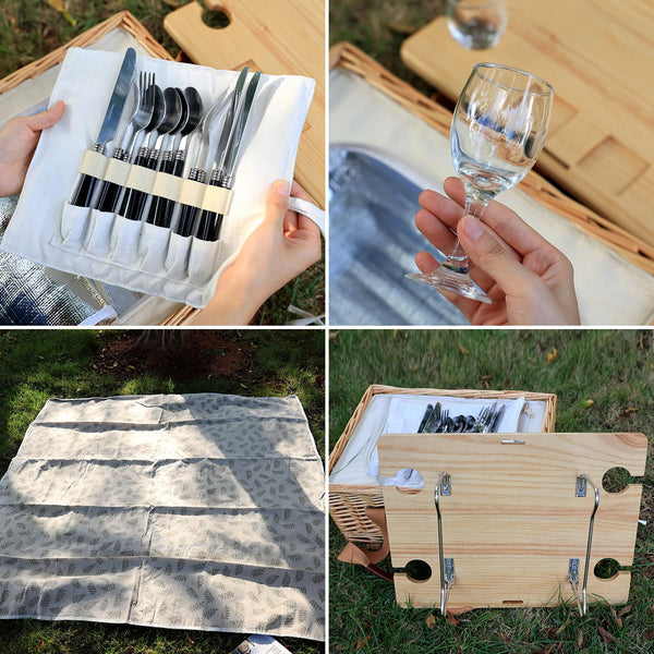 Hap Tim Wicker Picnic Basket for 4 with Mini Folding Wine Picnic Table & Large Insulated Cooler Bag & Cutlery Service Kits for 4 Person, Couples