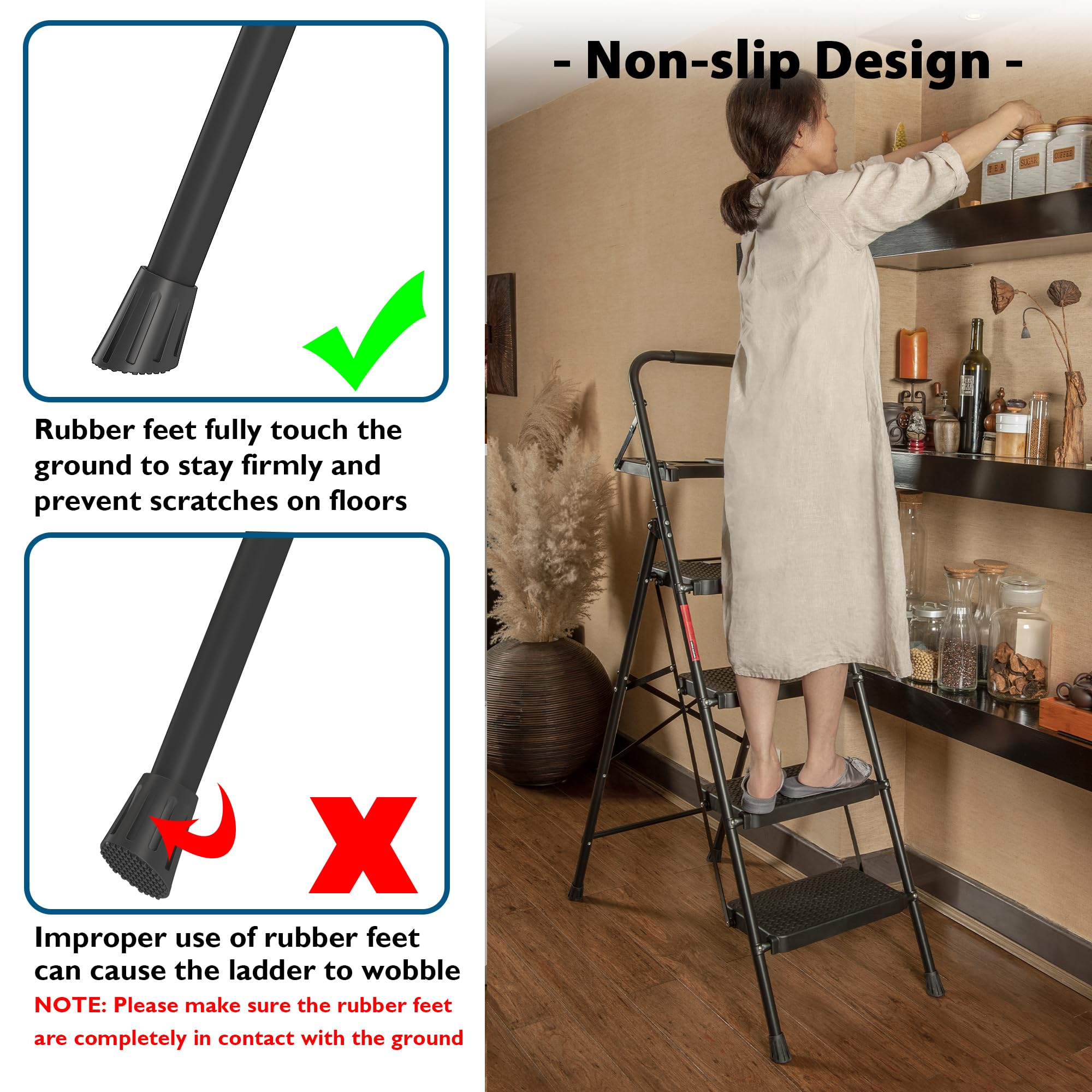 BONTEC 2 Step Ladder, Capacity 150KG with Wide Anti-Slip Pedals, Folding Steel Step Stool, Sponge Handlebar, Lightweight Portable Ladder Suitable for Home, Kitchen, Pantry, Indoor/Outdoor Use, Black