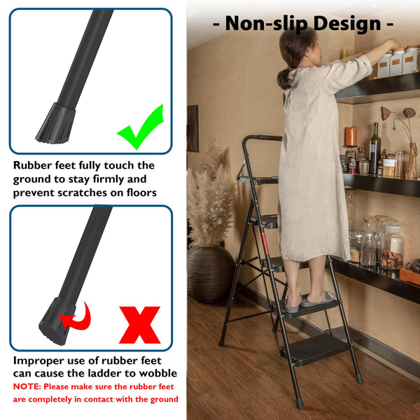 BONTEC 4 Step Ladder Folding, Heavy Duty Foldable Step Stool with Wide Anti-Slip Pedals, Sponge Handrail and Tool Tray, Portable Household Ladder 150kg Capacity, Compact Collapsible Indoor Ladder