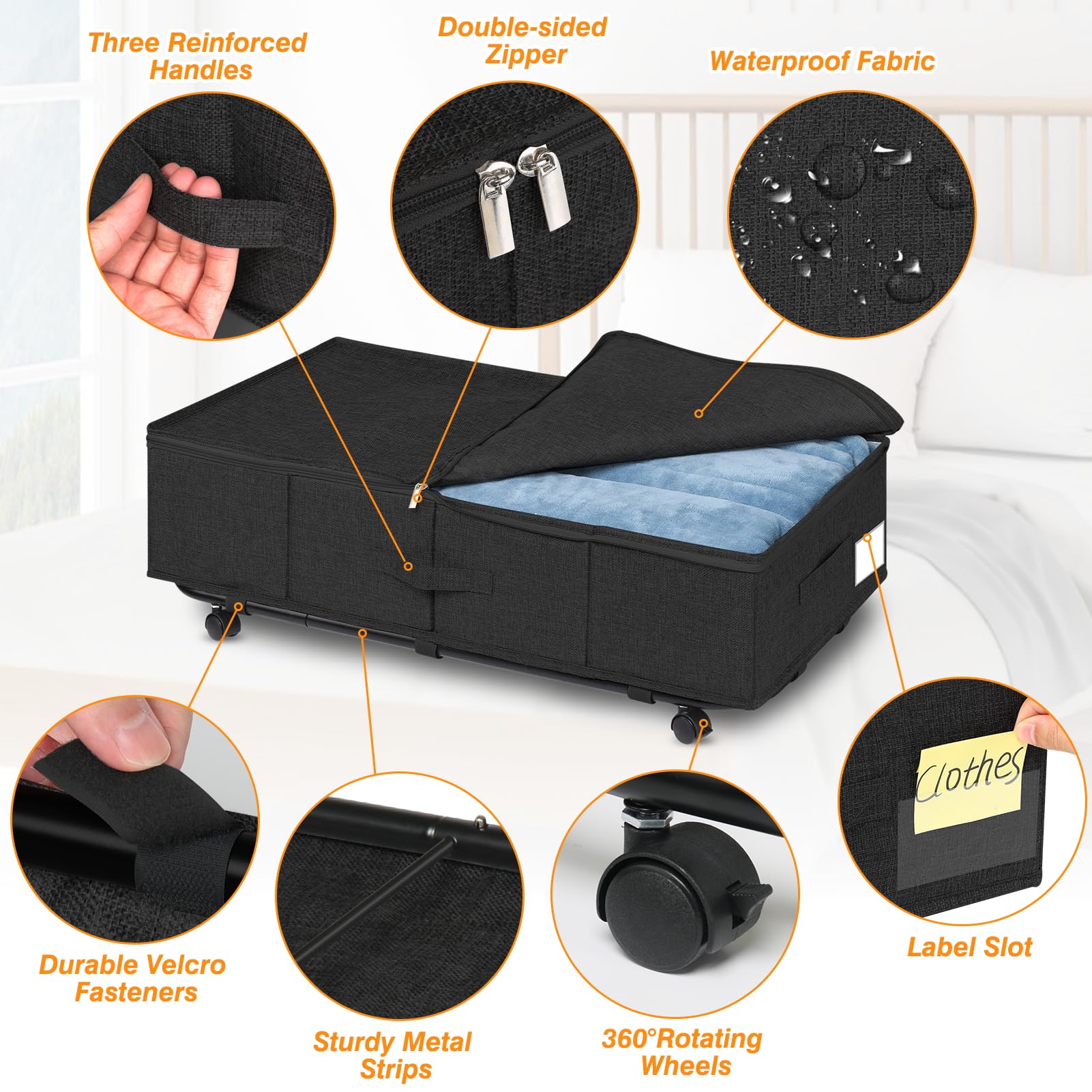 Huquter Underbed Storage on Wheels 50L, 2 Pack Foldable Under Bed Storage Box with Lid & Zip, Large Underbed Storage with Wheels Black with Metal