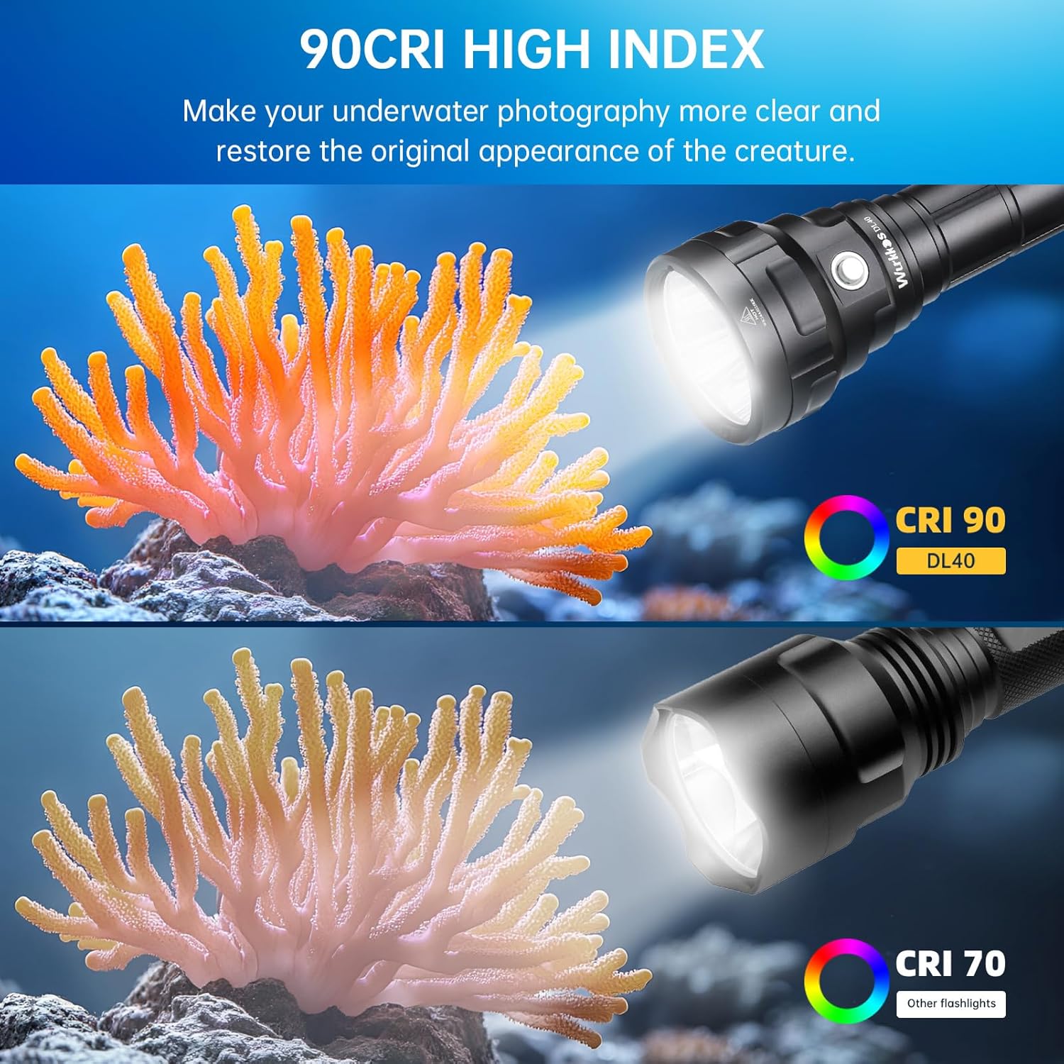 Wurkkos DL40 Dive Torch,Bright Max 5000 Lumen Diving Flashlight Scuba Diving Torch with 4 LH351D LED,Scuba Diving Equipment IPX8 Waterproof,High 90CRI Rechargeables Diving Torch