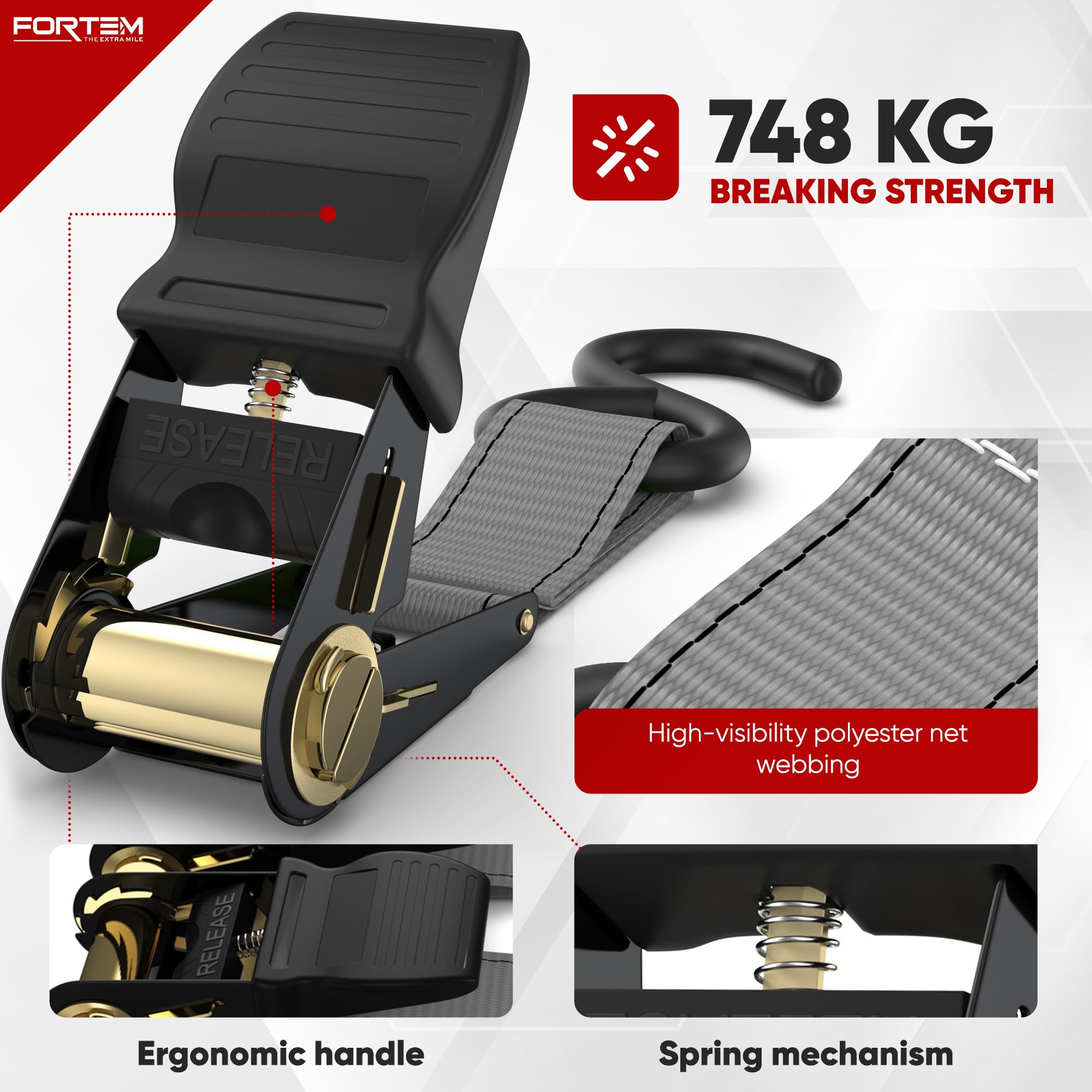 FORTEM Ratchet Straps, 748kg Break Strength, 4 Pack 4.6m x 2.54cm Tie Down Strap Set, 4 Soft Loops, Motorcycle Straps Tie Downs, Cargo Cam Buckles, Rubber Handles, Carry Bag