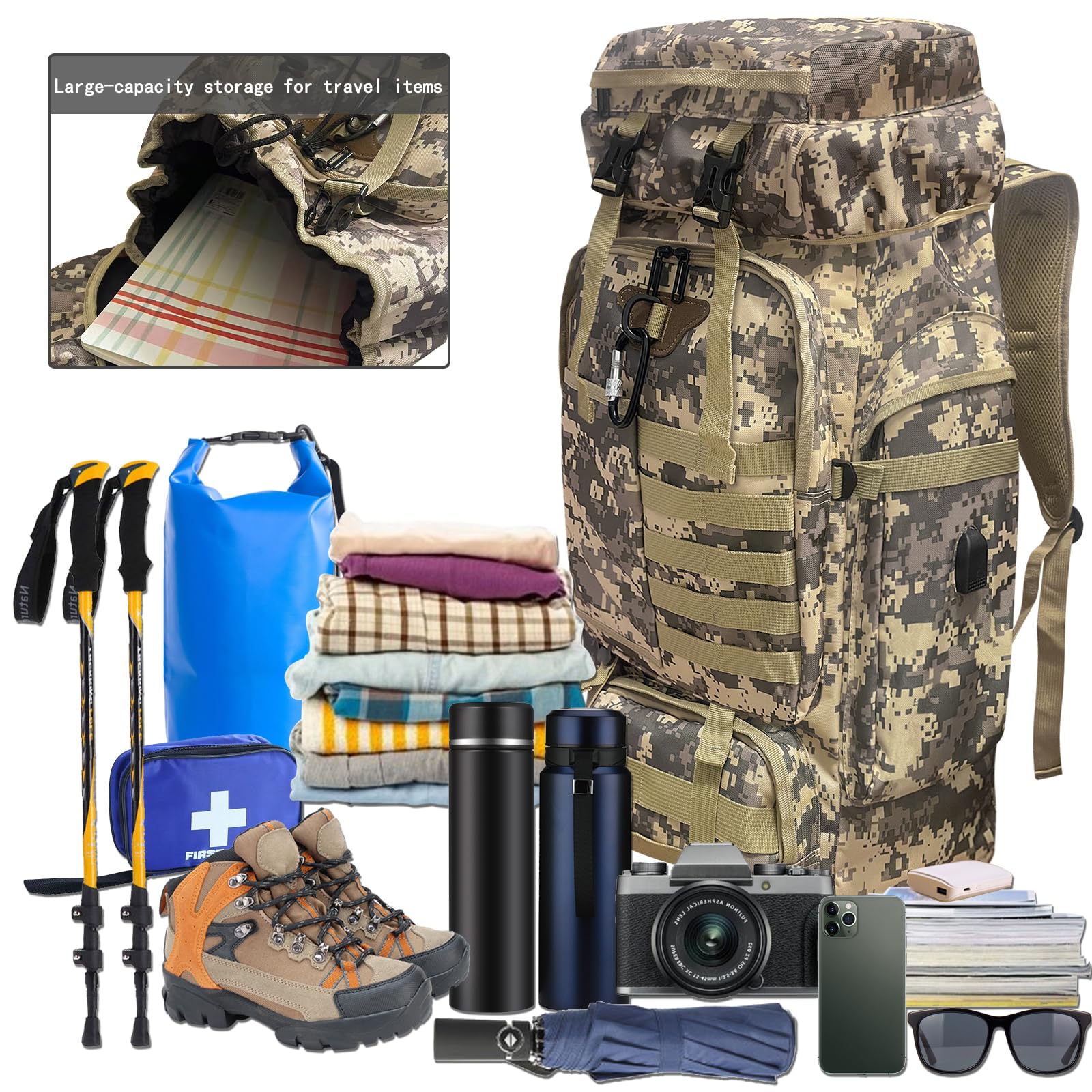 Ogetok 80L Hiking Backpack Camping Rucksack, 80 liters Large Capacity Outdoor Knapsack Travel Climbing Mountaineering Carry On Backpack Bag, Trekking Backpacking for Men Women, Black