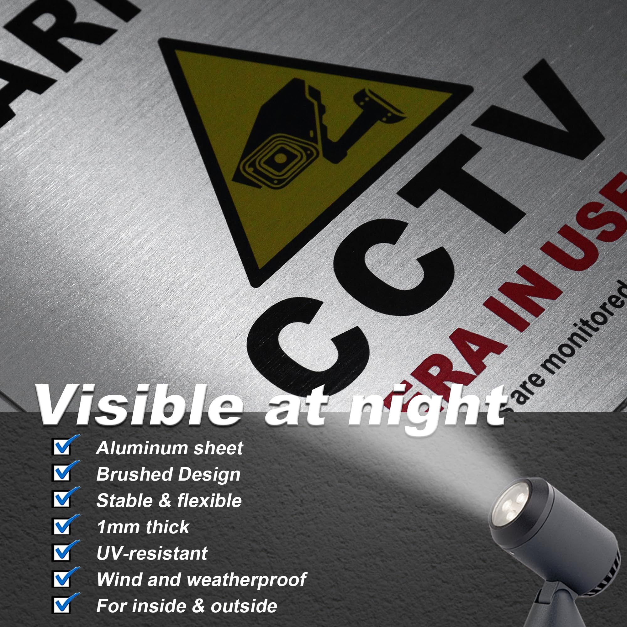 TAKULA Pre-drilled CCTV Sign - 15 * 15cm Aluminium Brushed Metal Sign - 24 HR Outdoor Waterproof, UV Resistant, Durable | Pack of 1