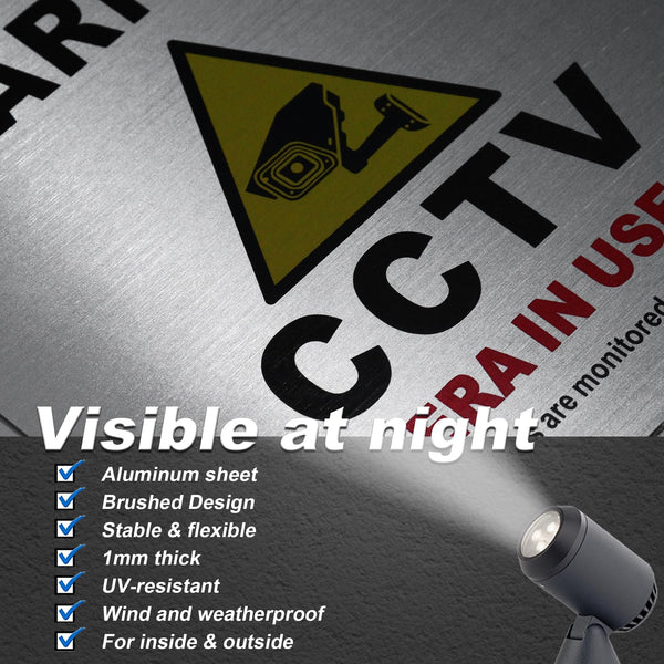 TAKULA Pre-drilled CCTV Sign - 15 * 15cm Aluminium Brushed Metal Sign - 24 HR Outdoor Waterproof, UV Resistant, Durable | Pack of 1