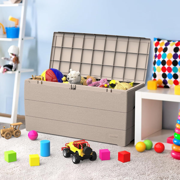 Duramax Cedargrain Durabox 270 Litre/ 71 Gallons plastic storage box, Outdoor Deck Garden Furniture Organizer, Lockable Lid, Plastic Cushion Box with