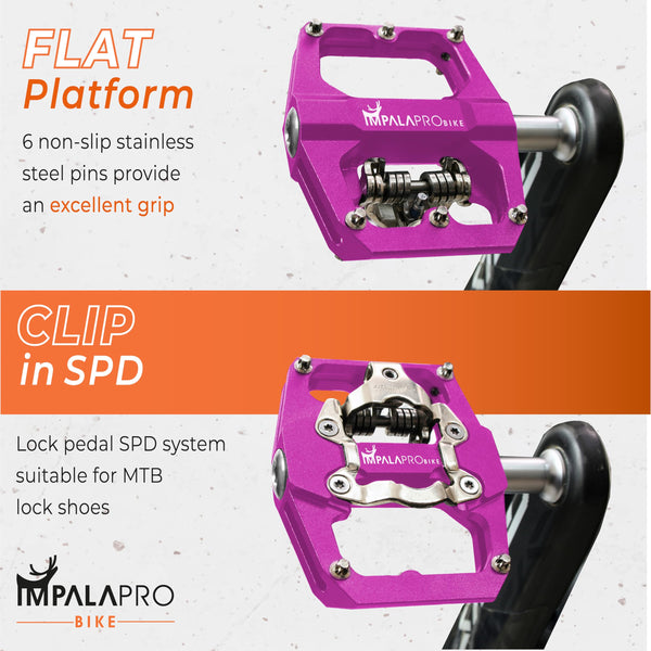 IMPALAPRO - Dual Function Bicycle Pedals 9/16'' Compatible with Shimano - Dual Platform MTB Flat and SPD Clipless Pedals (Pink)