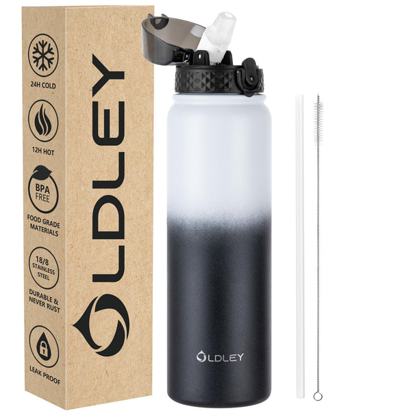 OLDLEY Stainless Steel Water Bottle with Straw 1L Vaccum Insulated Large Drink Flask Metal Water Bottles 1 Litre Leakproof Keep Drinks Hot Cold for Sports Gym with Different Lids(Purple Green, 3 Lids)