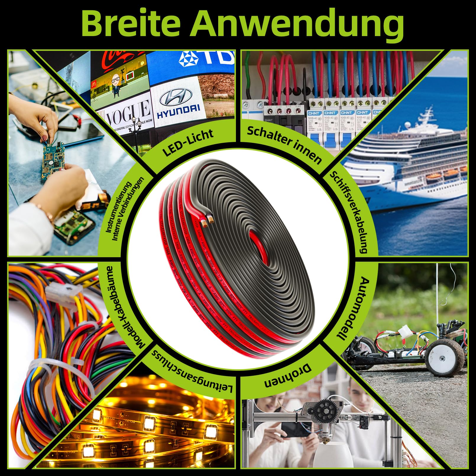 Piwaal 14AWG Spool 2.0mm² 25 ft Per Spool 14 Gauge 2Parallel Wire (Red 7.62M Black 7.62M) Bare Copper Wire for LED Strips/Bulbs/Lamps.