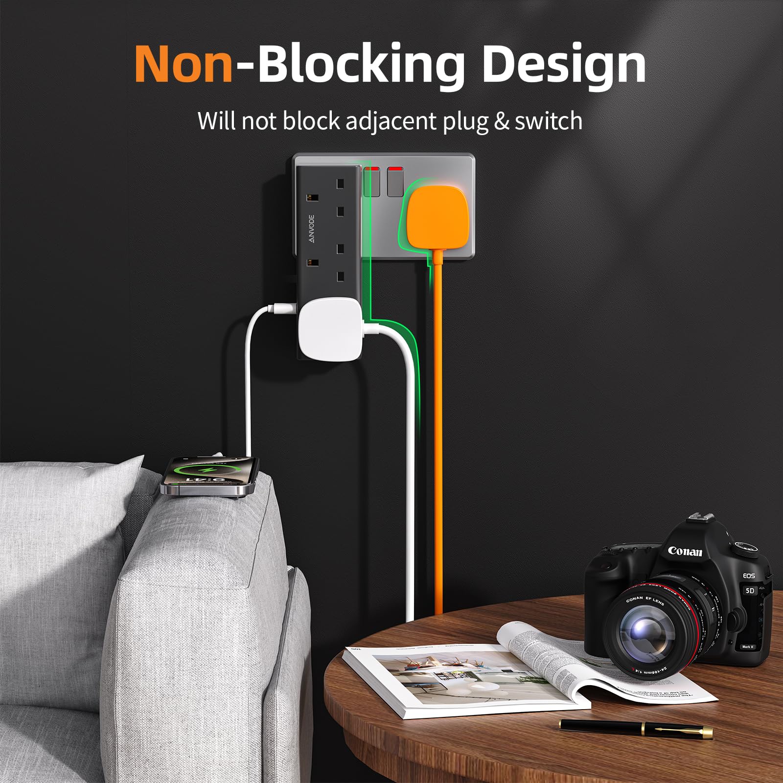 Multi Plug Extension with USB C Slot, 3 Way Plug Wall Charger Socket, Multi Outlets Extender Adapter UK for School, Home, Kitchen, Office (White)