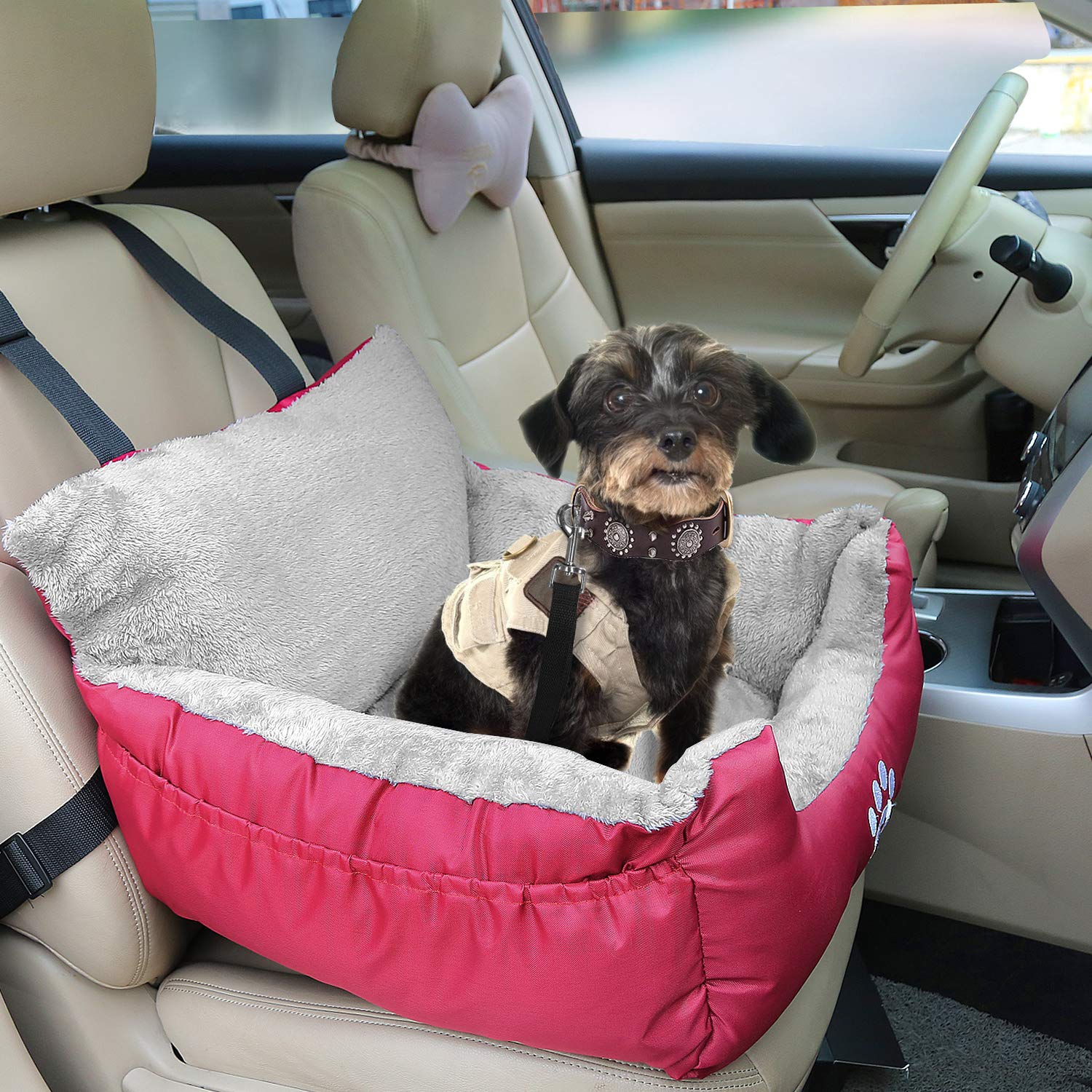 GoFirst Dog Car Seat for Small Dogs or Cats, Pet Booster Seat Travel Car Bed with Storage Pocket and Clip-On Safety Leash, Waterproof Warm Plush Dog Car Safety Seats,Black