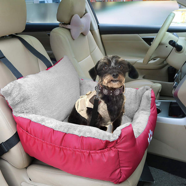 GoFirst Dog Car Seat for Small Dogs or Cats, Pet Booster Seat Travel Car Bed with Storage Pocket and Clip-On Safety Leash, Waterproof Warm Plush Dog Car Safety Seats,Black