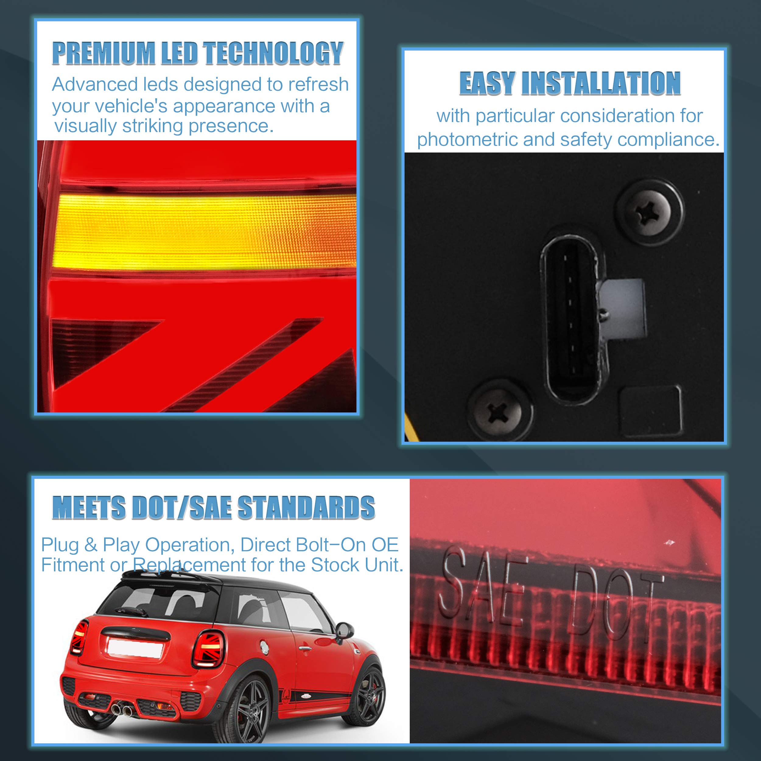 VLAND LED Tail Light Compatible with BMW Mini Cooper F55 F56 F57 2014-2021, Rear Lights with Sequential Turn Signal, Electroplated housing, Red