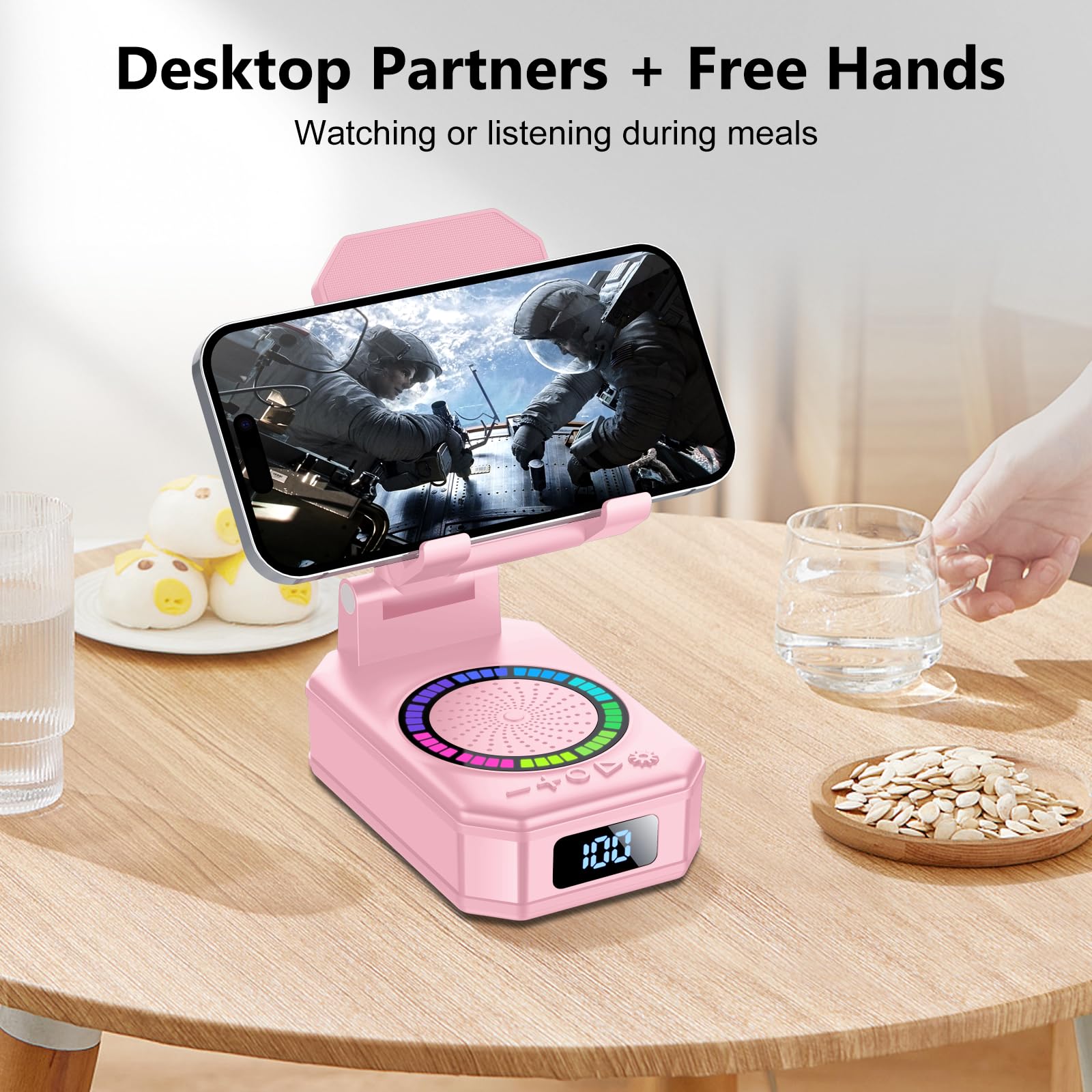 Gifts for Men Women, Phone Stand with Bluetooth Speaker, Anti-Slip Base, 4-in-1 Design with RGB, Foldable Phone Charger Stand with Wireless Speaker, Ideal for Dad Mom, Tech Gadget Stocking Fillers