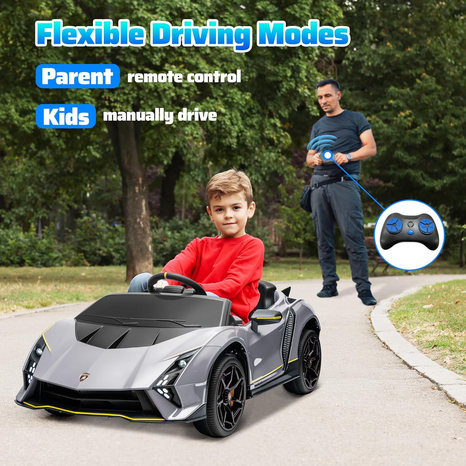 AIYAPLAY 12V Lamborghini Autentica Licensed Kids Electric Car with Butterfly Doors, Ride on Car with Remote Control, 4 Suspension Wheels, Soft Start, LED Lights, Music, Horn, Grey