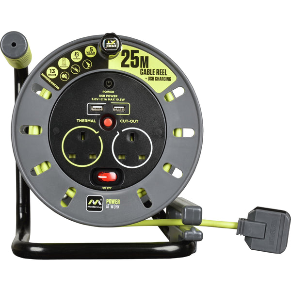 Masterplug Pro-XT Four Socket Open Cable Reel Extension Lead with Winding Handle, Thermal Cut Out and Power Switch, 25 Metres High Visibility Cable , Green
