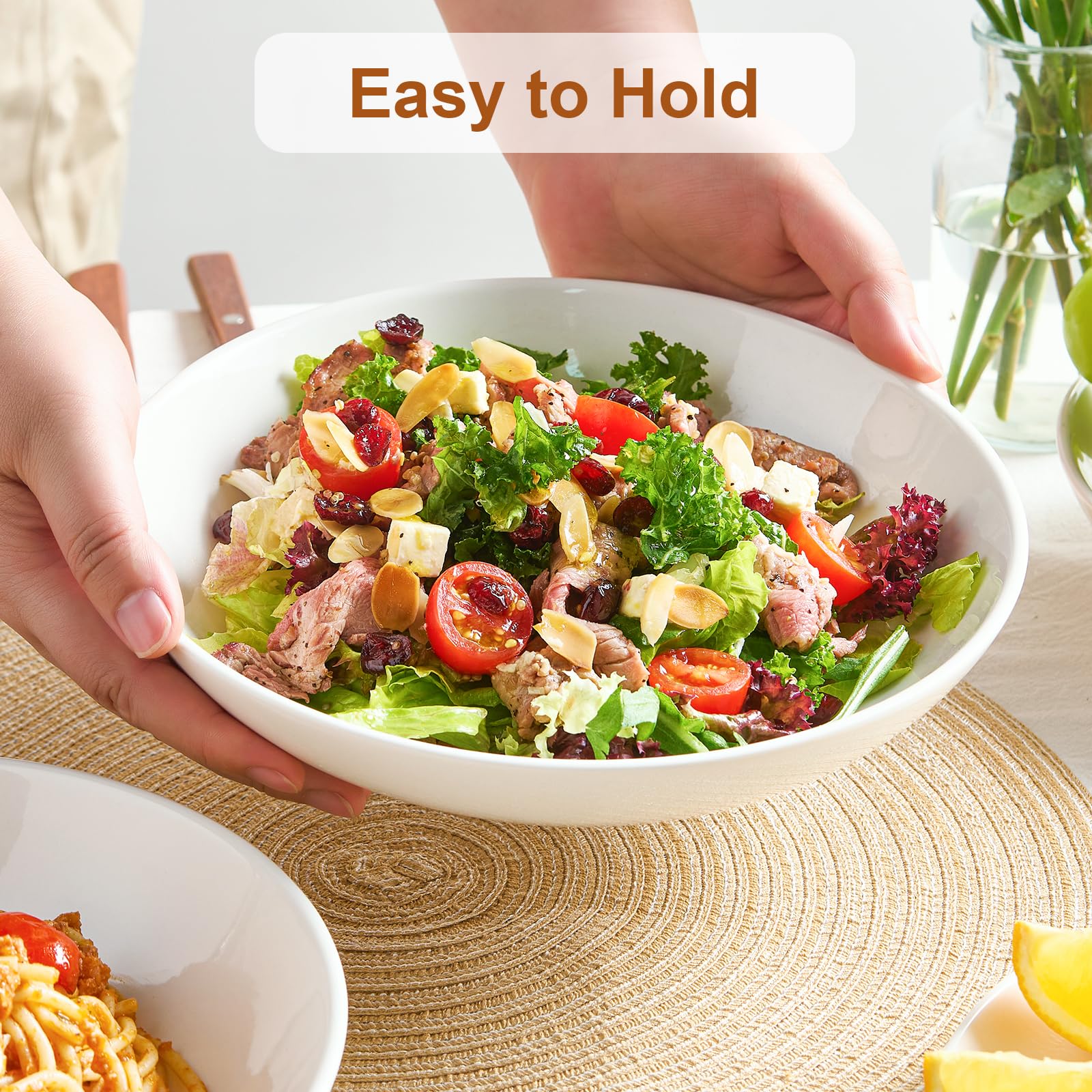 Jassceram 9.84'' Ceramic Pasta Bowls Set of 4, 50oz Large Porcelain Salad Bowl Serving for Cereal Soup Steak Noodle Wide Kitchen Dinnerware Plates -