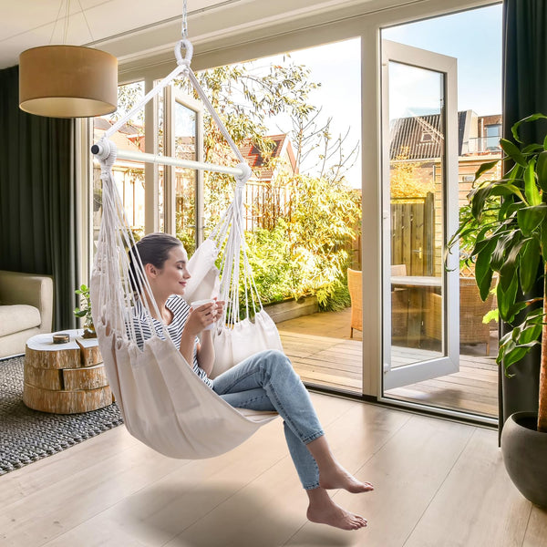 Swing Chair with Hardware Kit: Ohuhu XL Portable Hanging Chairs with 2 Cushions Detachable Metal Support Bar Side Pocket for Indoor Outdoor, Hammock