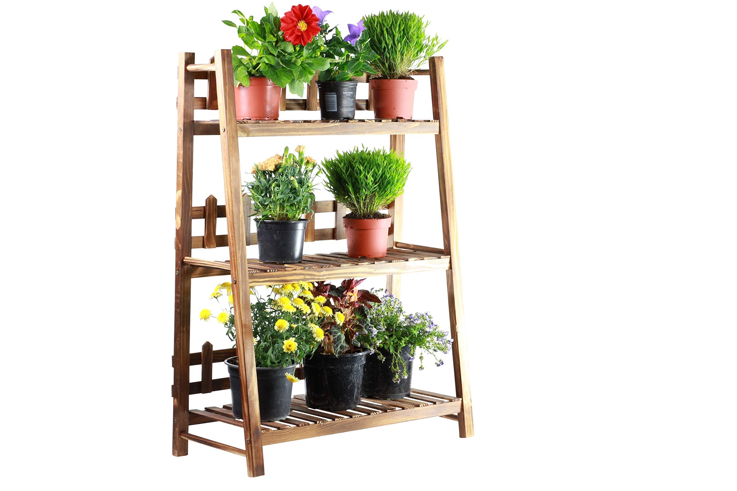 GOLDBEARUK Flower Steps - 3 tier Wooden Plant Ladder - Lightweight Wood with Trellis