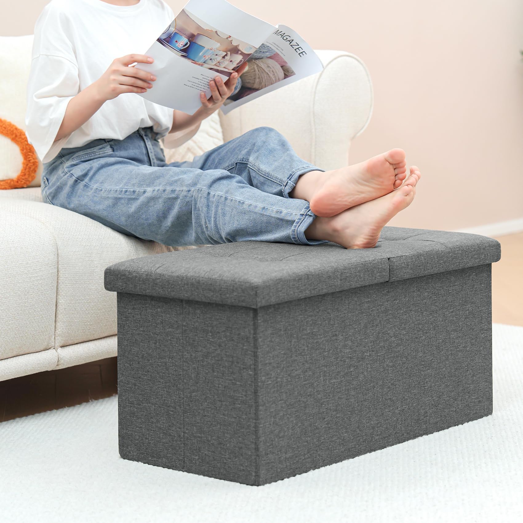 Bonlife Storage Ottoman with Flipping Lid Foldable Shoe Bench Footstool Stool or Sitting Box for Living Room 76.5x38x38cm (Linen-Gray, L)
