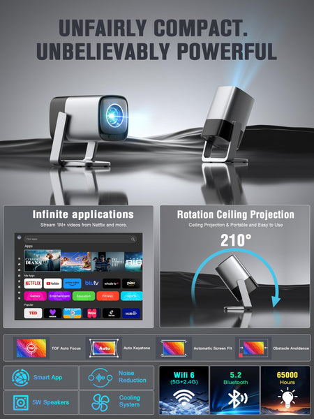 [Netflix Official & TOF Real-time Focus] XuanPad Mini Smart Projector – Native 1080P, WiFi & Bluetooth, Auto Keystone Correction, 3D Dolby Audio, 210° Adjustable Stand for Home Movie Projector