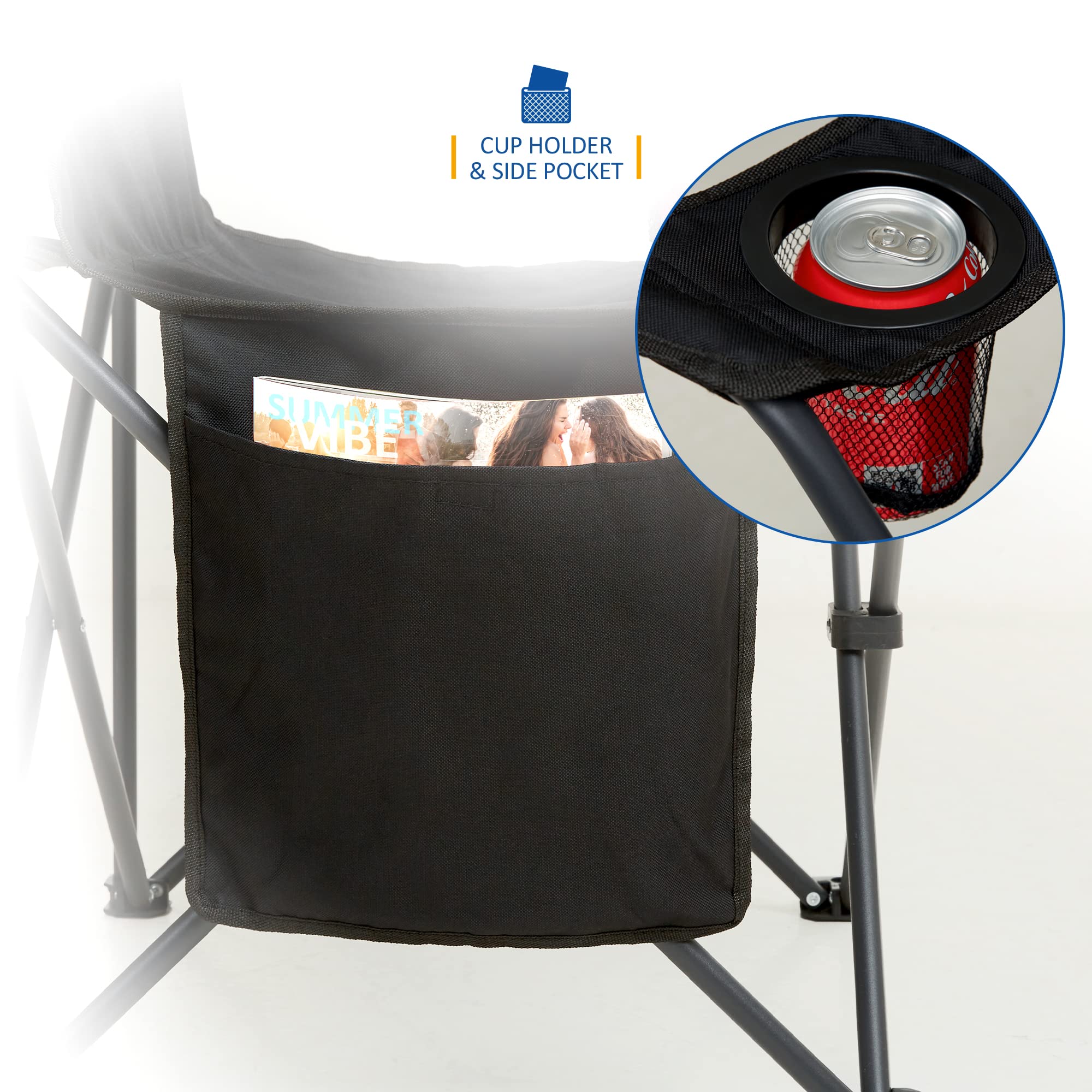 SUNMER Set of 2 Folding Camping Chairs, Extra-Wide Lightweight Outdoor Chairs with Armrests, Cup Holder and a Side Pocket, 120kg Capacity per Chair - Black