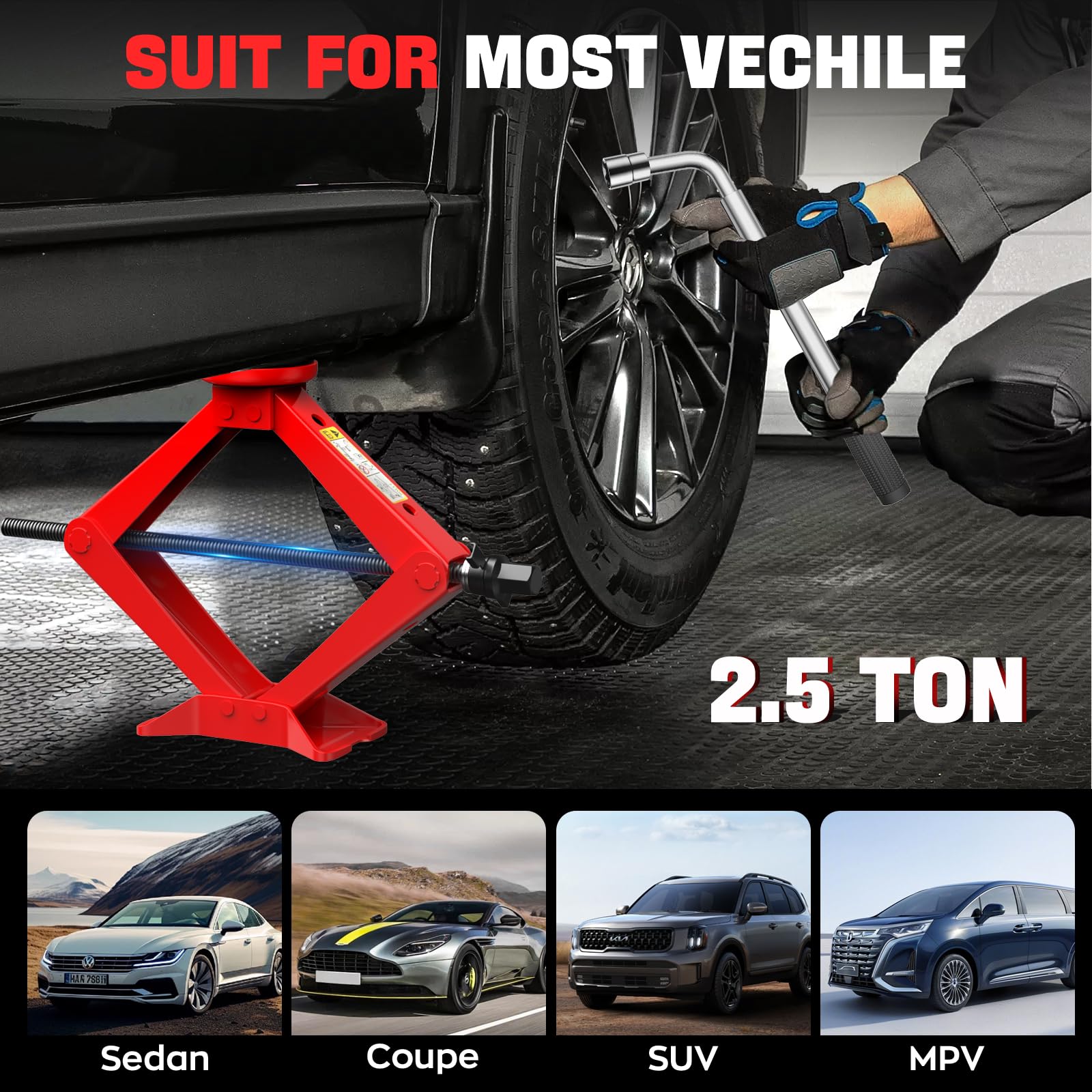 IMAYCC Car Jack Kit 2.5 Ton, Universal Scissor Jack for Car with Rubber Jack Pad, Portable Tire Changing tool with Lug Wrench, Emergency Kit for SUV MPV