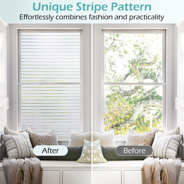 DOWELL Window Film Privacy Film for Glass Windows 90x400cm, Frosted Stripe Pattern Sticker Static Cling, Opaque Self Adhesive Glass Vinyl Decorative