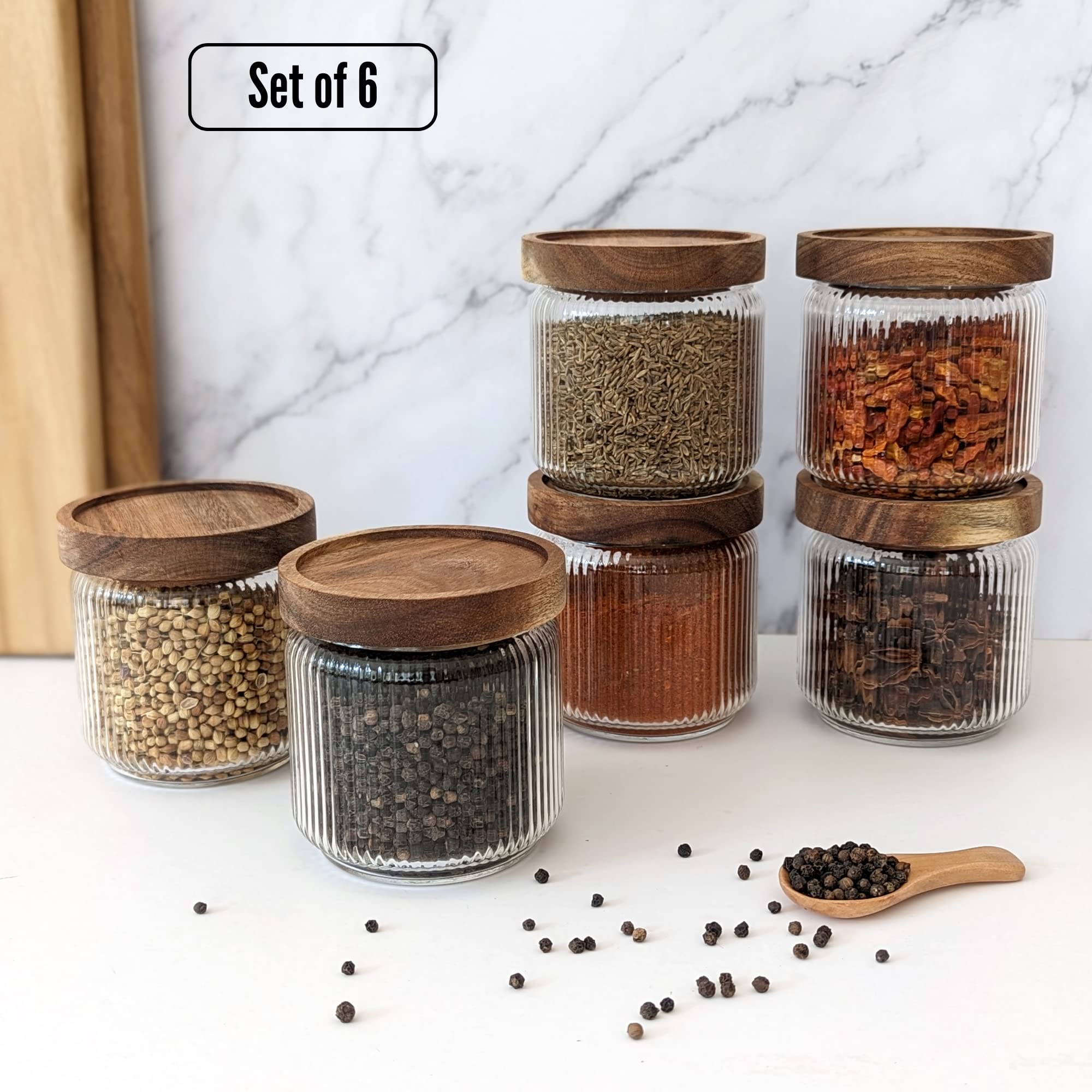 Mason & Fable Ribbed Glass Jar with Wooden Lid 350ml- 6 Pcs | Airtight Ribbed Storage Container for Spice, Tea, Sugar, Coffee, Sweets, Dog Treats,
