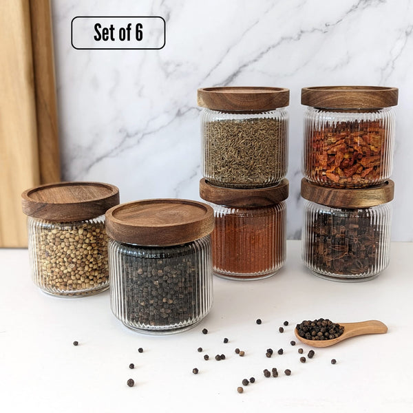 Mason & Fable Ribbed Glass Jar with Wooden Lid 350ml- 6 Pcs | Airtight Ribbed Storage Container for Spice, Tea, Sugar, Coffee, Sweets, Dog Treats,