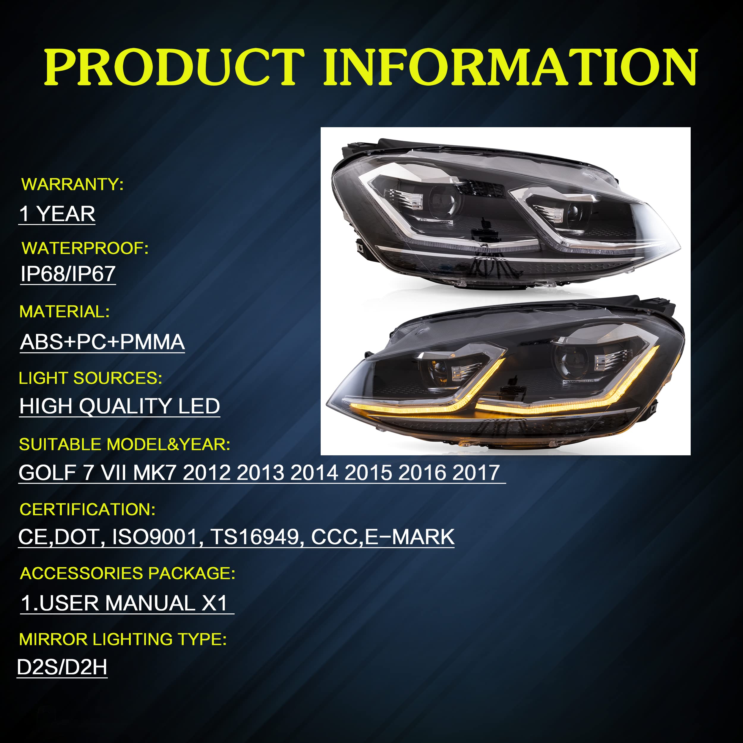 VLAND Headlights Compatible with Golf 7 MK7 TDI TSI 2013-2017, Front Lights with Sequential Indicator, Red Line Headlamps