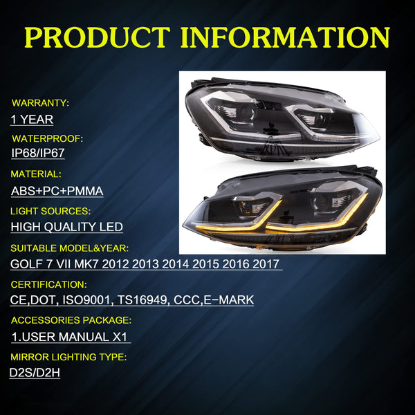 VLAND Headlights Compatible with Golf 7 MK7 TDI TSI 2013-2017, Front Lights with Sequential Indicator, Red Line Headlamps