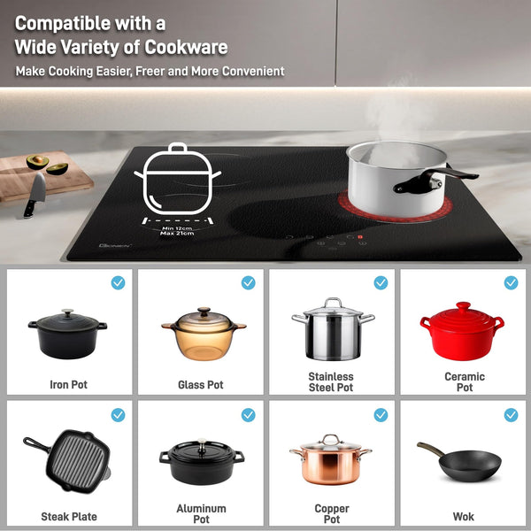 GIONIEN Ceramic Hob 60cm Electric Cooktop Burner, Built in Black Glass Cooker with 4 Cooking Zones GCE460TC