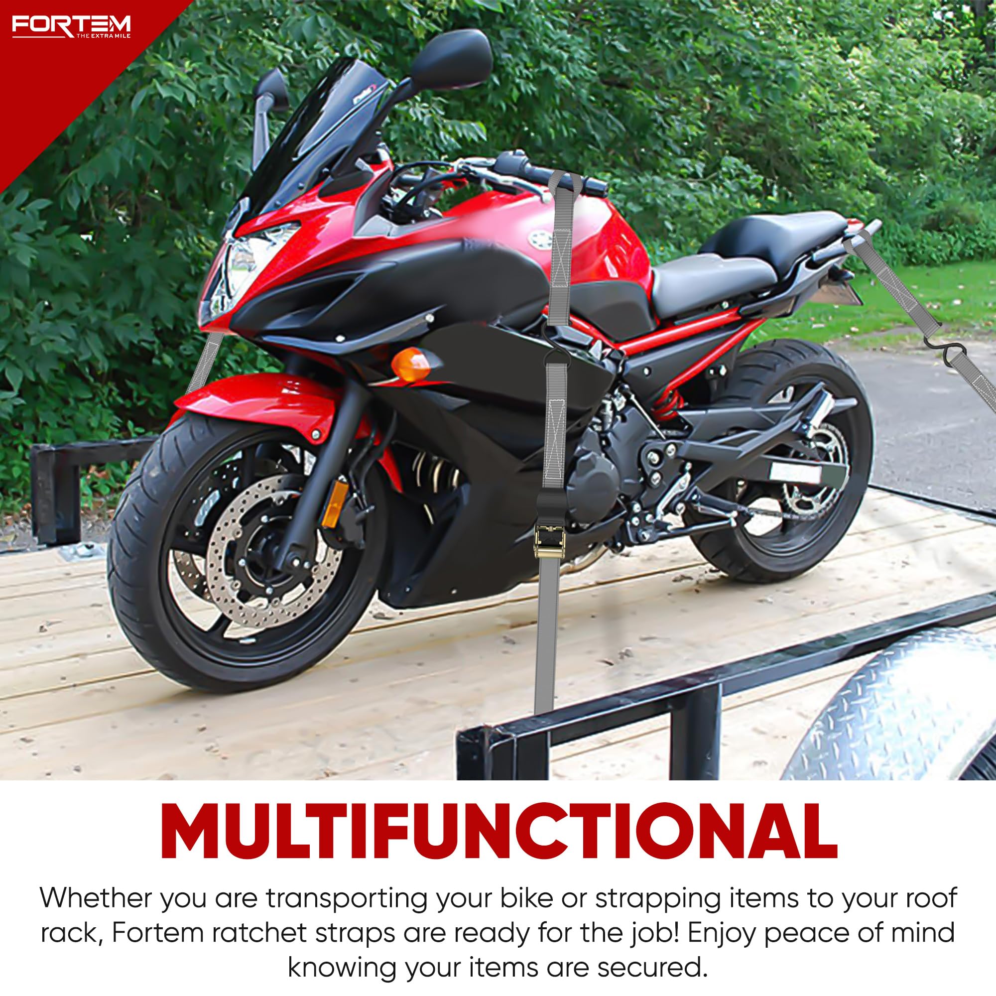 FORTEM Ratchet Straps, 748kg Break Strength, 4 Pack 4.6m x 2.54cm Tie Down Strap Set, 4 Soft Loops, Motorcycle Straps Tie Downs, Cargo Cam Buckles, Rubber Handles, Carry Bag