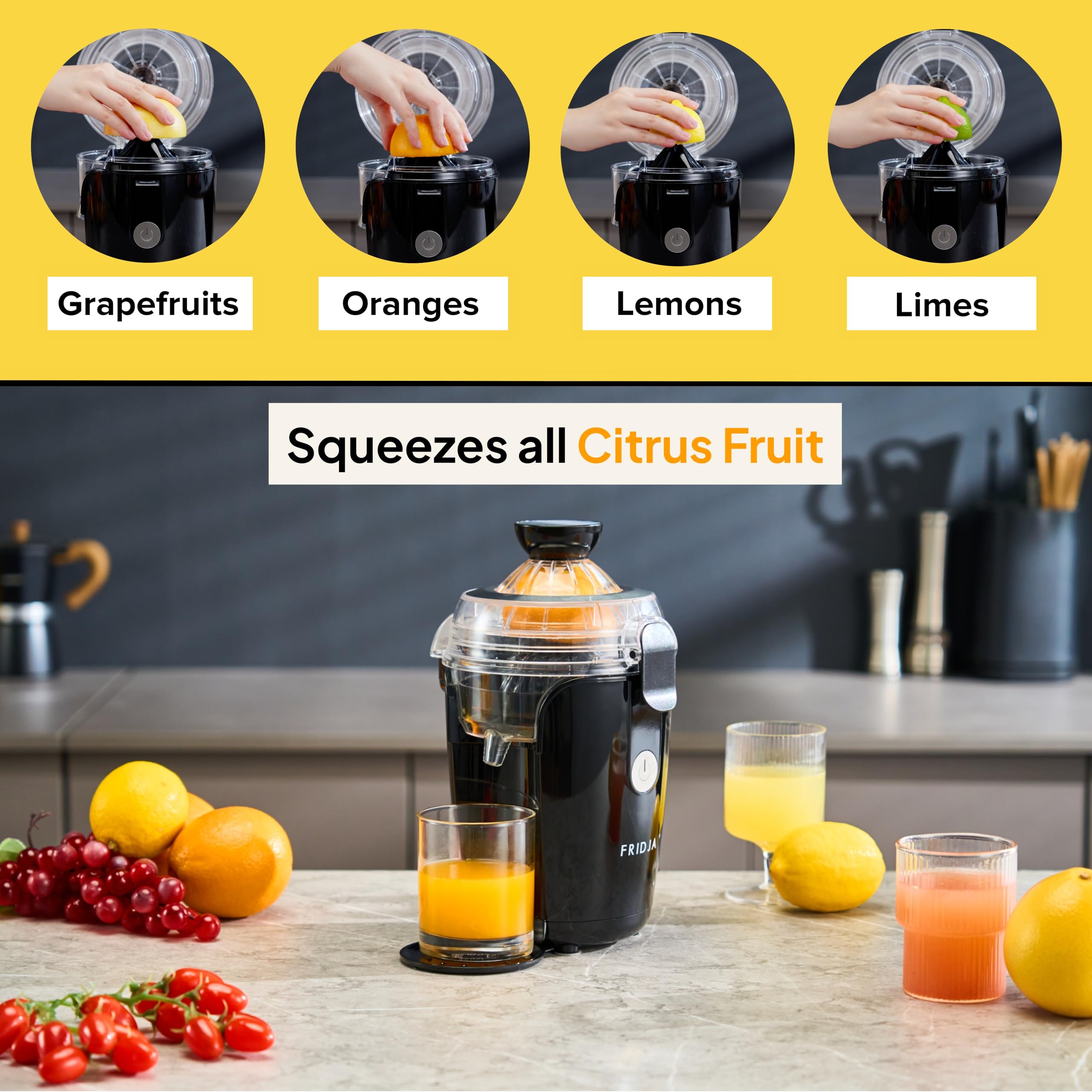 Fridja F800 Automatic Citrus Juicer - One-Touch Operation, No Spills or Splashes, Easy to Clean, Stainless Steel, Black, Ideal for Oranges, Lemons,
