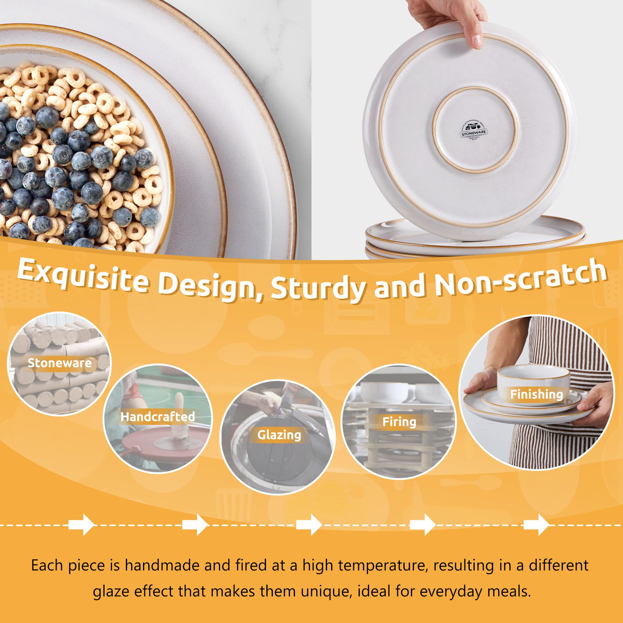 Homikit 12 Piece Dinner Set, Reactive Glaze Kitchen Dinnerware Sets for 4, Elegant Stoneware Included Plates and Bowls, Non-Scratch & Sturdy,