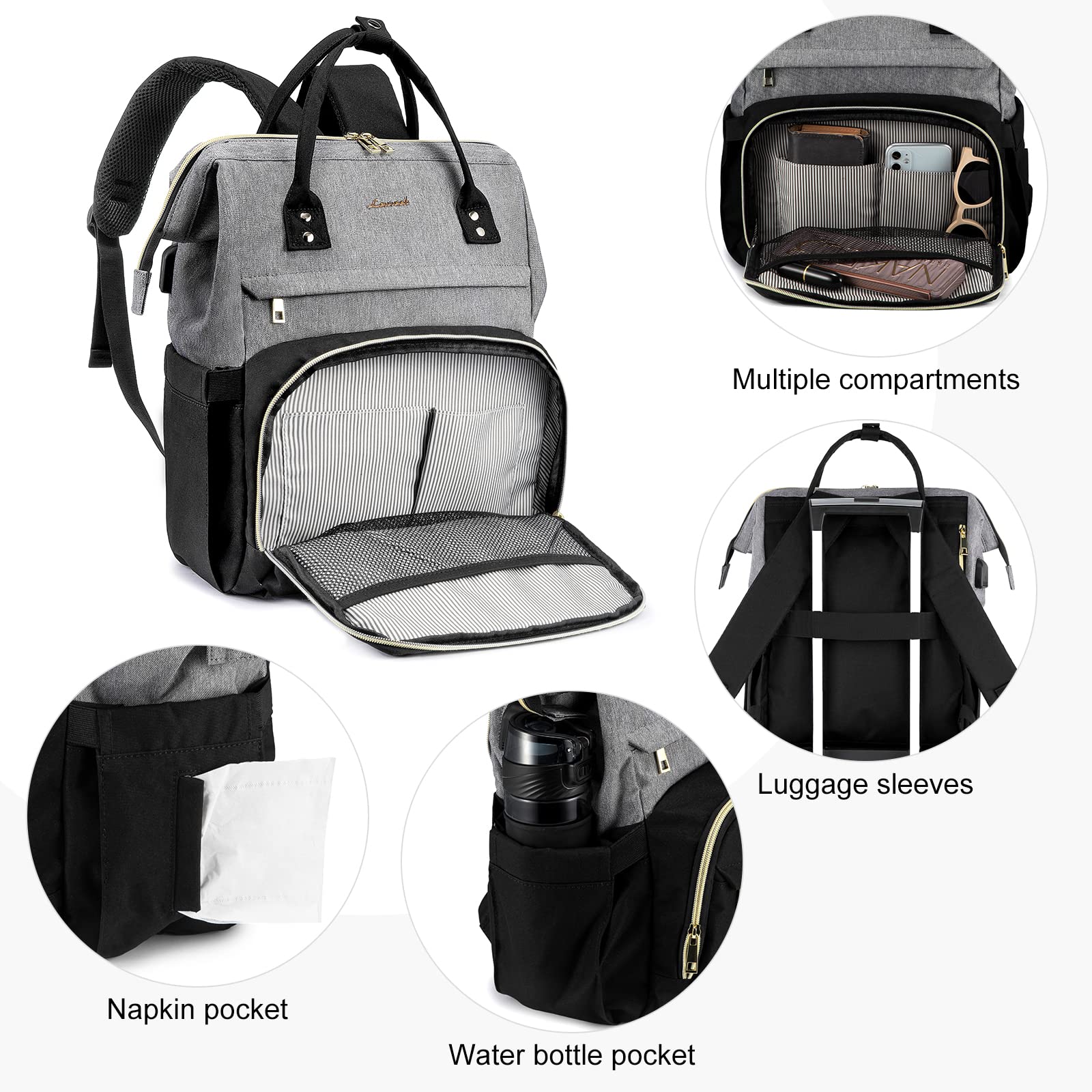 LOVEVOOK Laptop Backpack Women 15.6 inch, Work Bags for Womens, School Computer Bag with USB Port for Business College Travel, Rucksack for Teacher Nurse,BeigeGrey