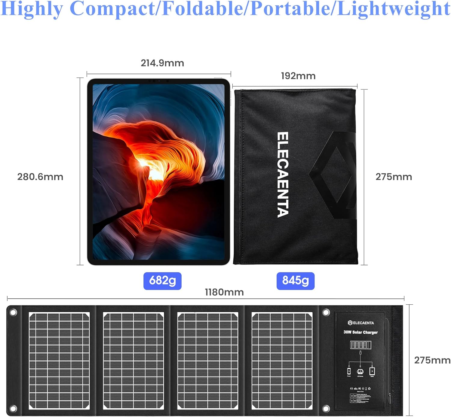 ELECAENTA 60W Foldable Solar Panel ETFE Solar Charger USB-C PD45W QC3.0 DC 18V for Portable Solar Generator Power Station Smartphones Outdoor Power Backup Waterproof Dustproof, 1.6KG
