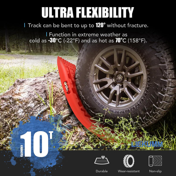 LIEKUMM 2PCS Traction Boards with Jack Lift Base, 104 cm Off-Road Traction Boards for Sand, Mud, Snow, 10 T Capacity Heavy Duty Recovery Tracks for Cars, Trucks, SUVs, Red