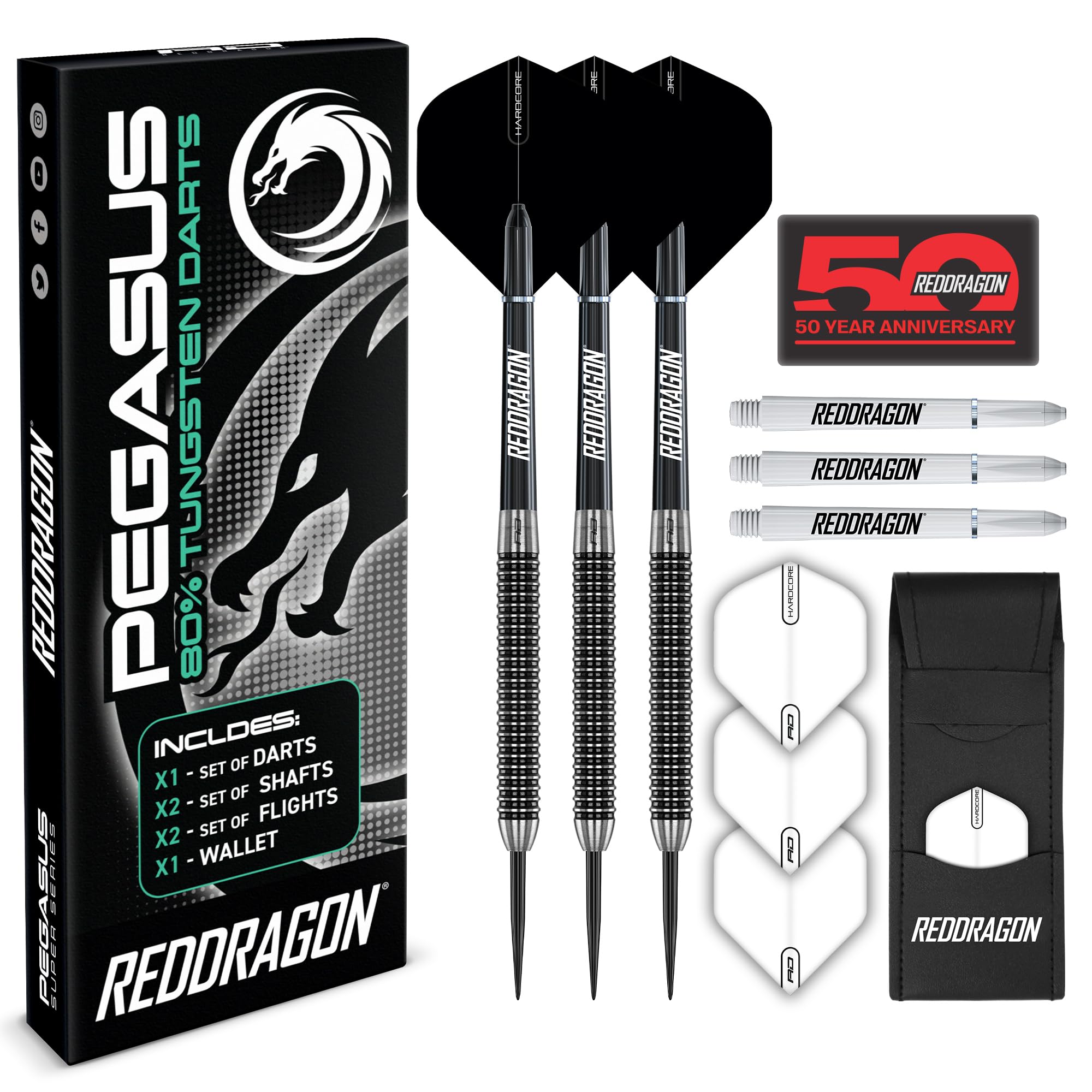 RED DRAGON Pegasus Professional Tungsten Steeltip Darts Set Available in 21, 23, 24, 25, 26, 28, 30 Gram with Flights, Stems (Shafts) and Wallet