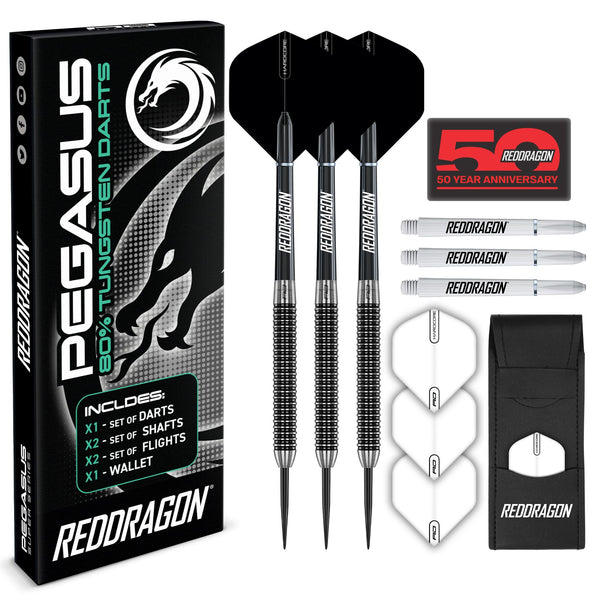 RED DRAGON Pegasus Professional Tungsten Steeltip Darts Set Available in 21, 23, 24, 25, 26, 28, 30 Gram with Flights, Stems (Shafts) and Wallet